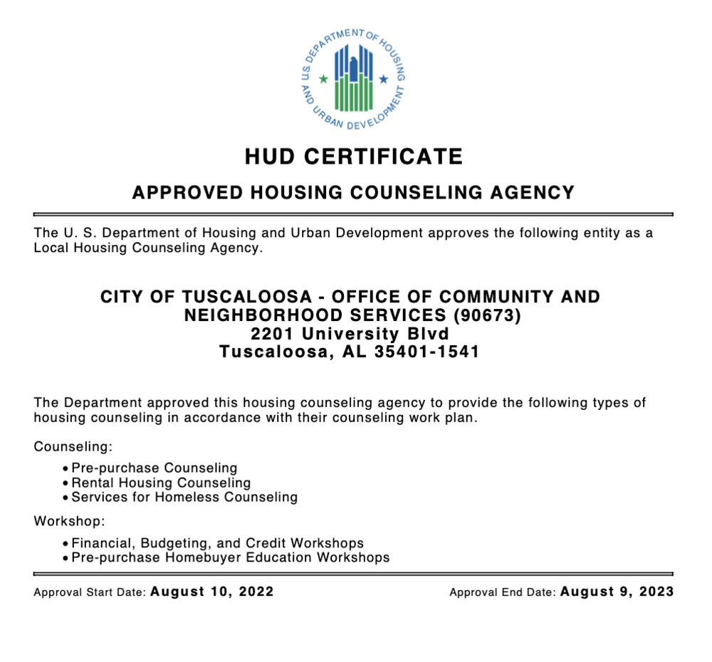City of Tuscaloosa Designated as a HUD Housing Counseling Agency